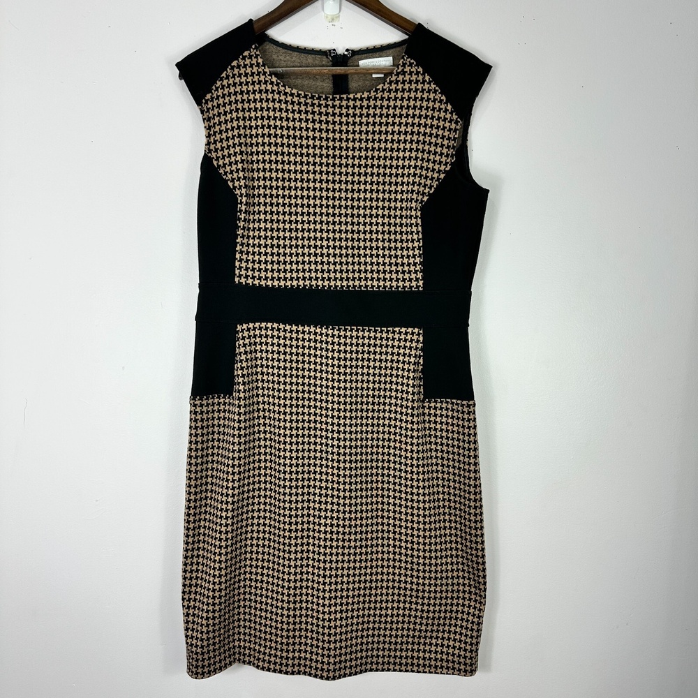 New York & Company Sheath Dress L Black Tan Houndstooth Stretch Mod Retro Carrer